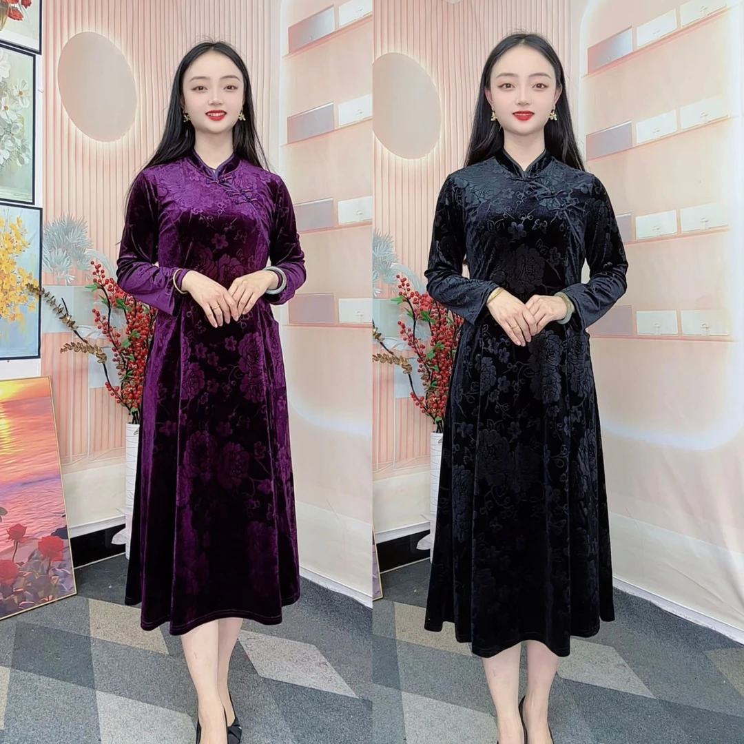 中老年女装春款旗袍裙标准新中式改良金丝长袖显瘦中长款时尚裙子