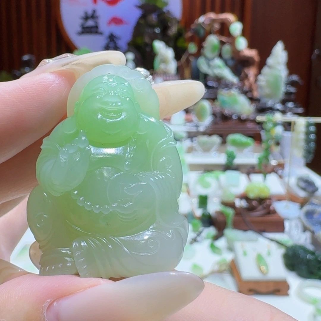 未镶嵌和田玉（翠青玉）挂件翠青弥勒佛