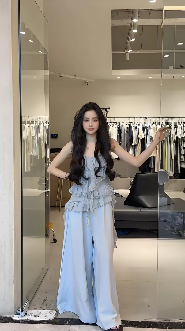 2025春夏新款韩系清冷艺术感穿搭法式荷叶边吊带上衣高腰休闲裤