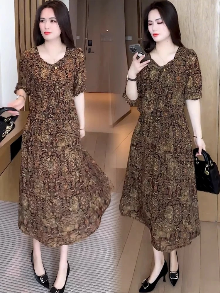 时尚碎花连衣裙女2025夏季新款洋气收腰显瘦气质减龄中长款裙子潮