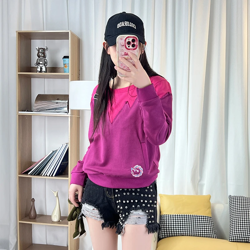 圆领卫衣女春秋短款印花拼接宽松休闲运动长袖打底衫