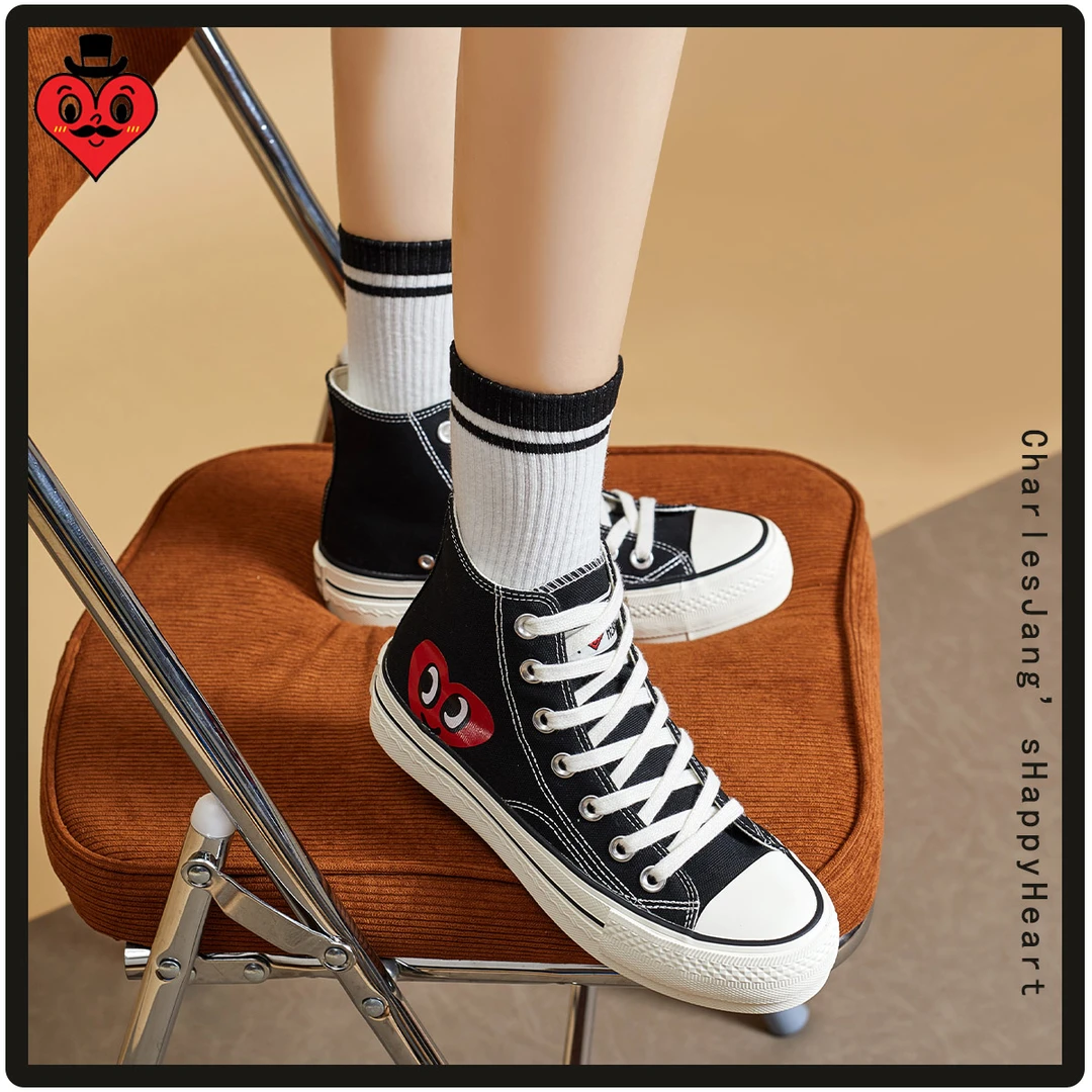 查尔斯桃心情侣帆布鞋男女高帮潮鞋百搭小白鞋韩版休闲