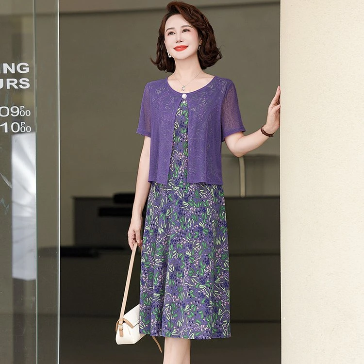 妈妈夏装显瘦洋气短袖连衣裙气质碎花中老年洋气假两件修身裙子