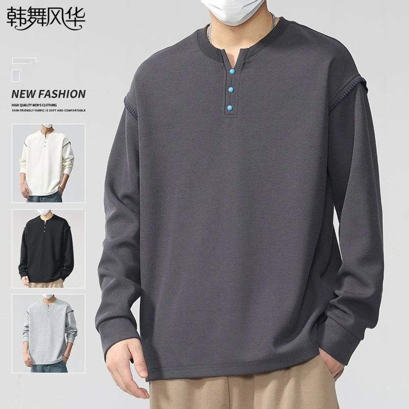 美式亨利领卫衣男款爆款2025新款长袖休闲宽松纯色圆领简约上衣潮