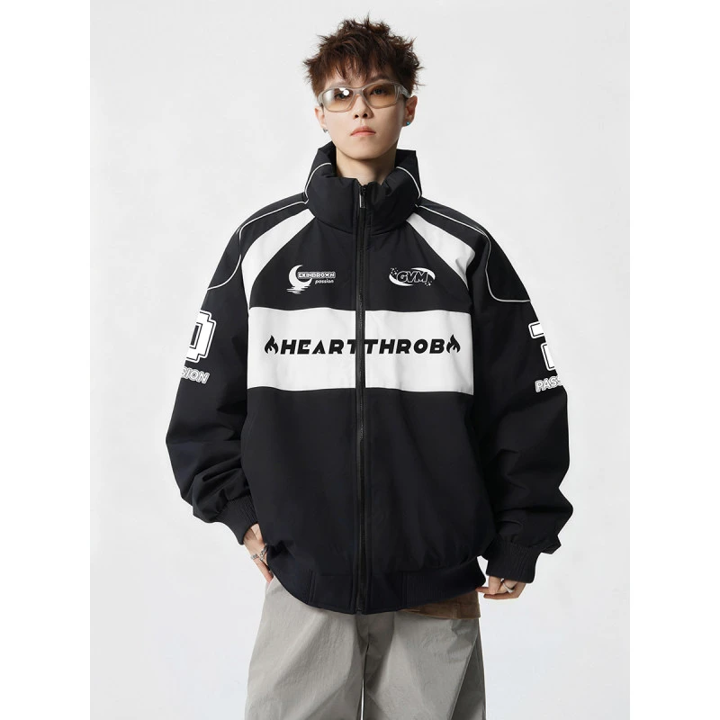 美式复古撞色拼接立领机车夹克高街赛车服休闲棉服外套情侣加厚款