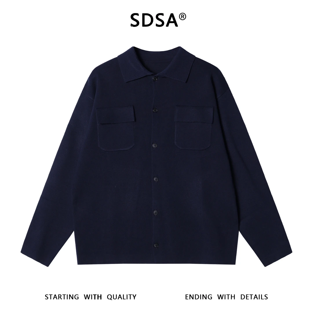 SDSA男士秋冬新款痞帅男装老钱风翻领毛衣纯色贴袋设计百搭针织衫