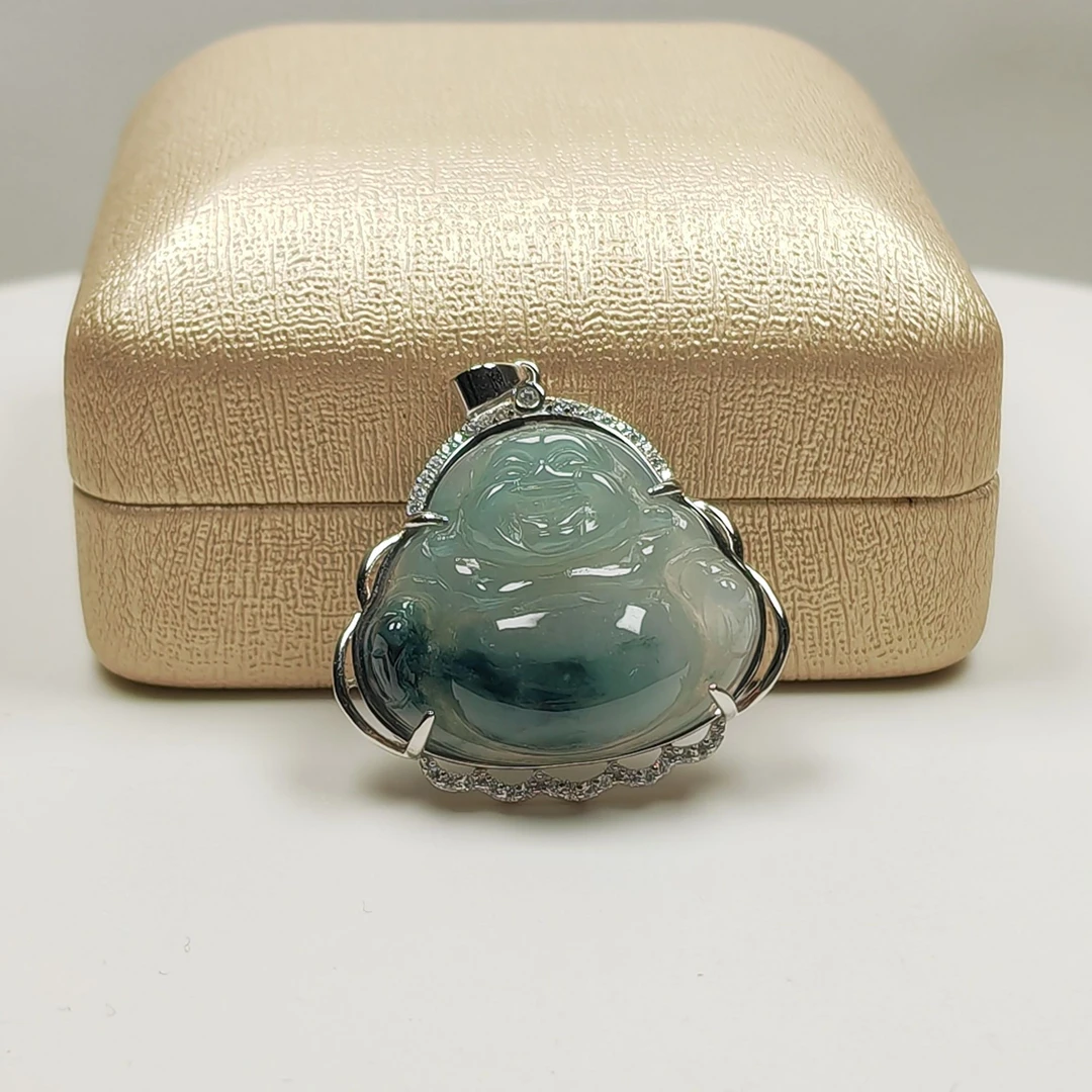 缅甸纯天然翡翠飘花大肚佛公吊坠女士款银镶嵌肚里藏金弥勒佛挂件