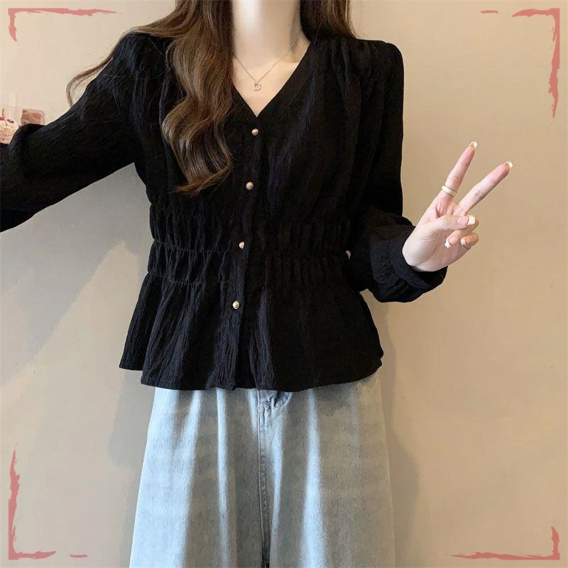法式v领褶皱长袖衬衫女春夏季新款大码胖mm宽松显瘦百搭小衫上衣