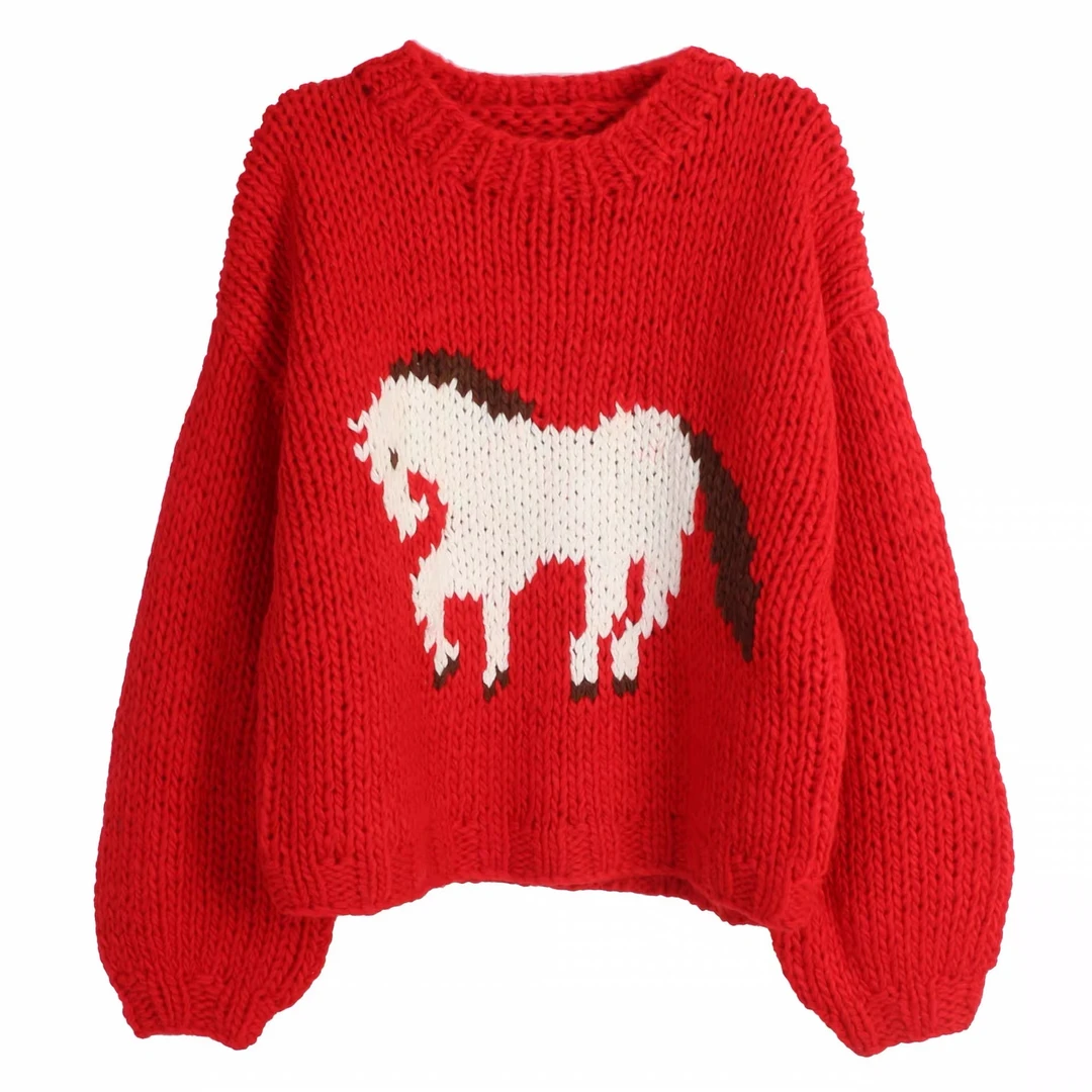 白色小马长袖针织常规款冬季毛针织衫宽松圆领上衣SS0648