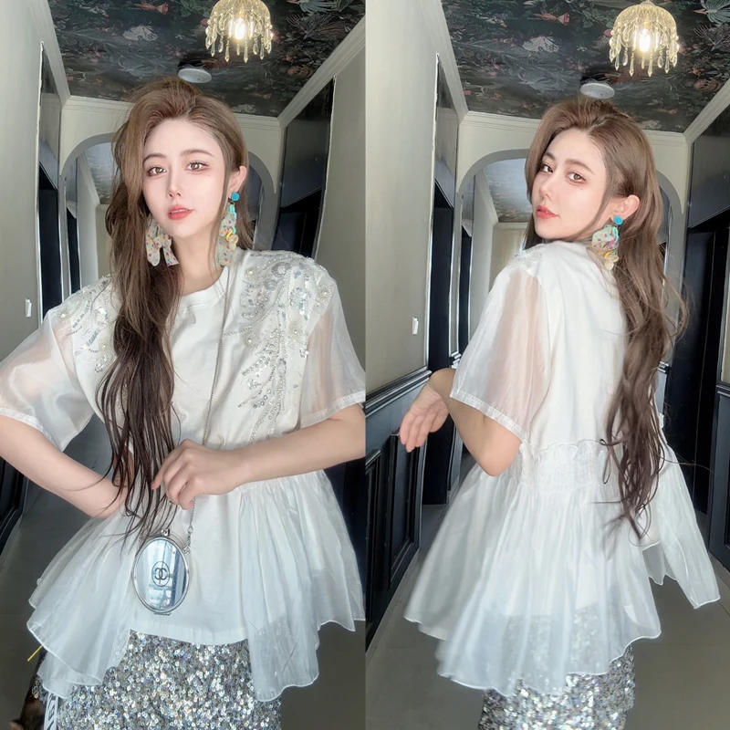 【天使之翼】62380肩膀重工水钻花朵拼接荷叶边短袖T恤