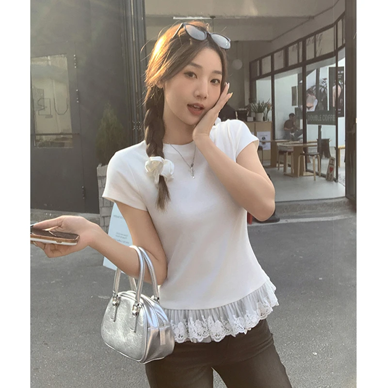 G507纯欲蕾丝花边芭蕾风短袖t恤女夏高级感内搭修身显瘦打底上衣