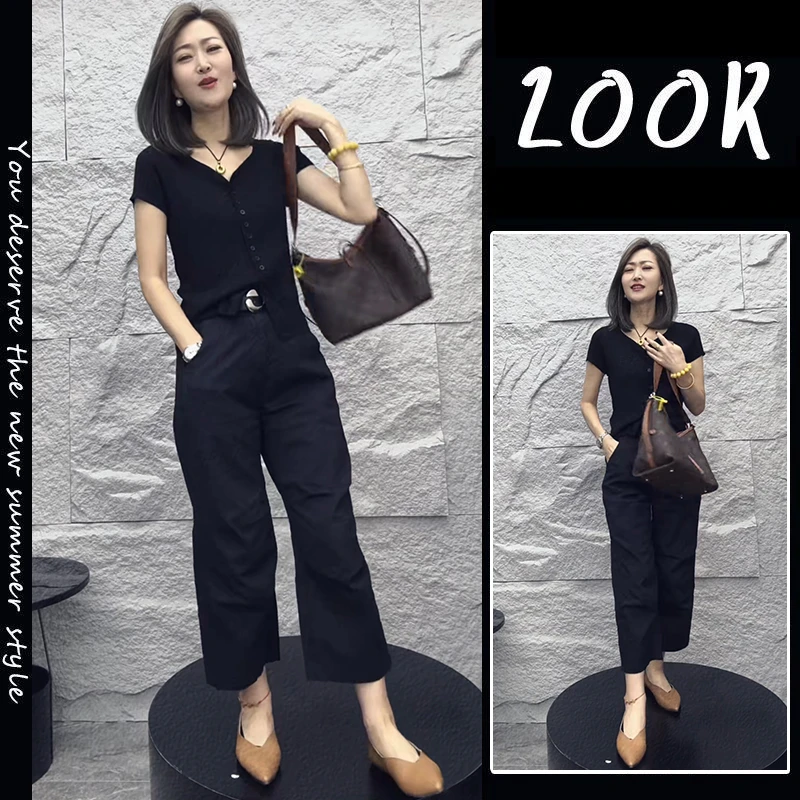 洋气炸街套装夏季时尚气质2025夏季新款短袖上衣高腰休闲裤两件套