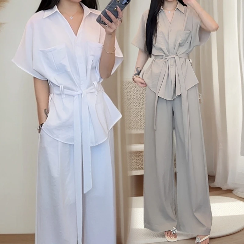 时尚套装女2025夏季新款爆款大码胖mm宽松显瘦衬衫阔腿裤两件套潮