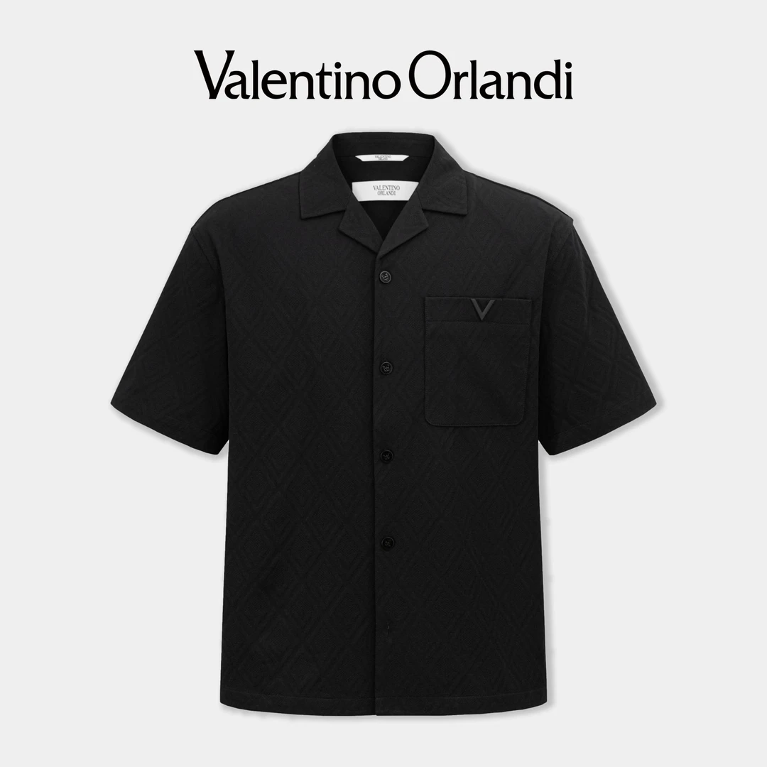 Valentino orlandi男士春夏时尚百搭夹克外套阔版暗纹V标短袖衬衫