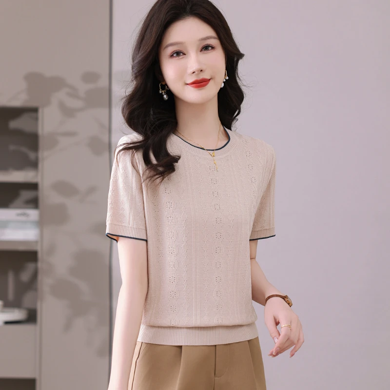 2025新款夏季针织短袖T恤女莱赛尔天丝圆领中年妈妈宽松时尚上衣