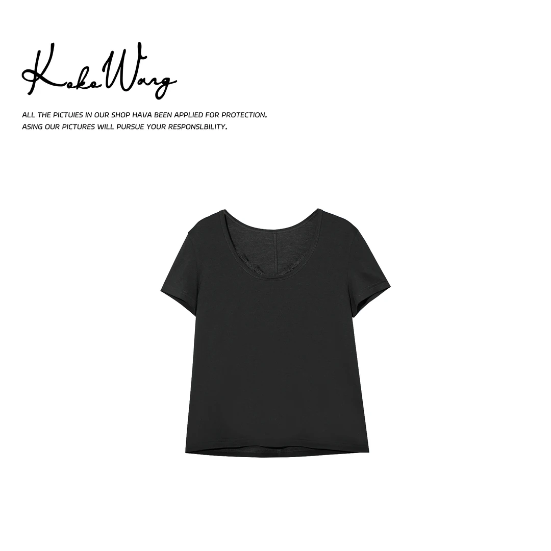 KOKO WANG莱赛尔羊毛蕾丝边后中线显瘦百搭短袖T恤502445C23T42