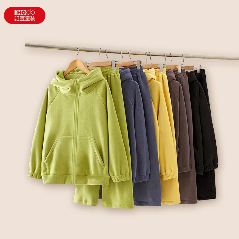 Hodo/红豆冬季奥粒绒加绒加厚款外穿亲子家居服套装时尚连帽睡衣