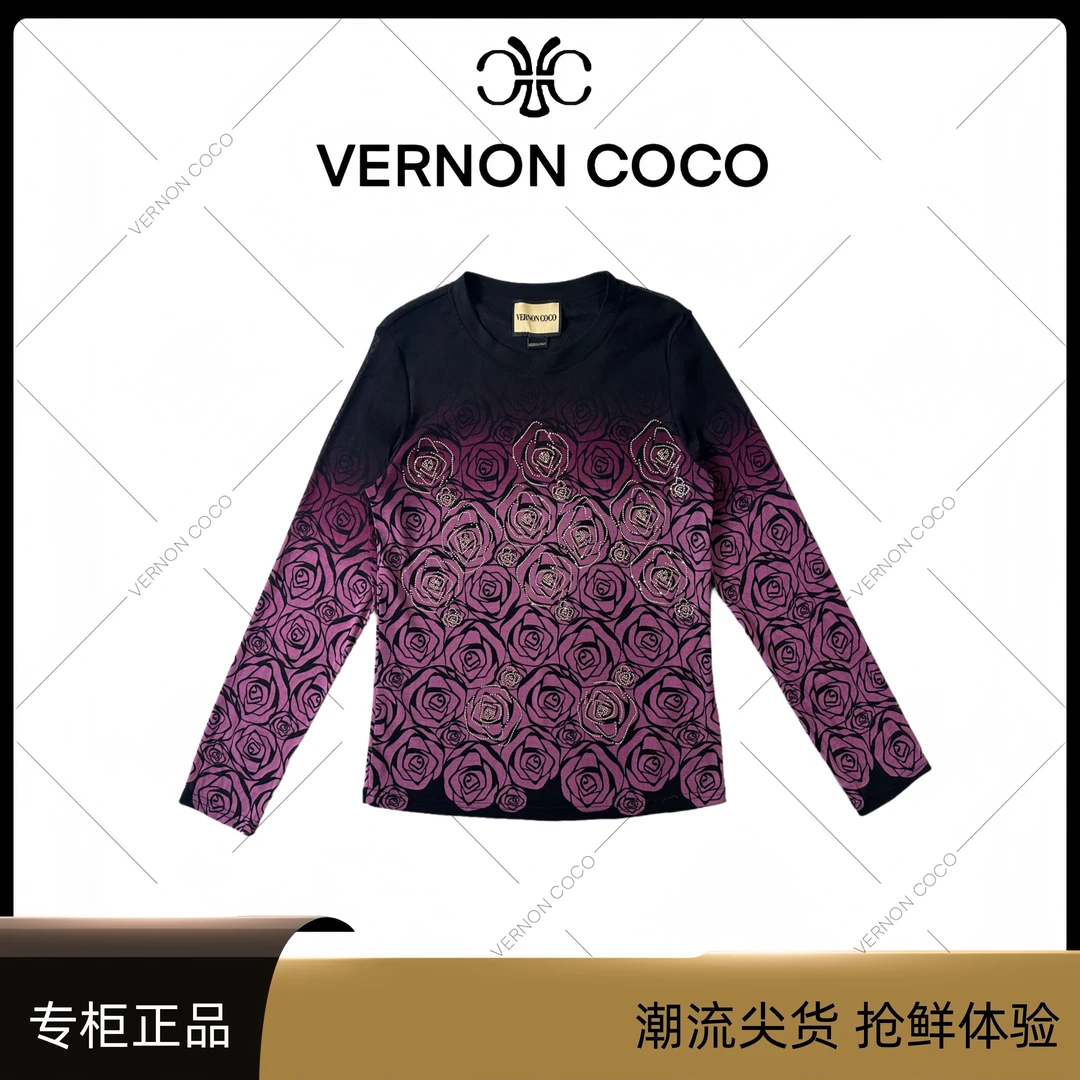 【VERNON COCO】Y30秋季圆领渐变山茶花烫钻时尚显瘦打底衫VC461