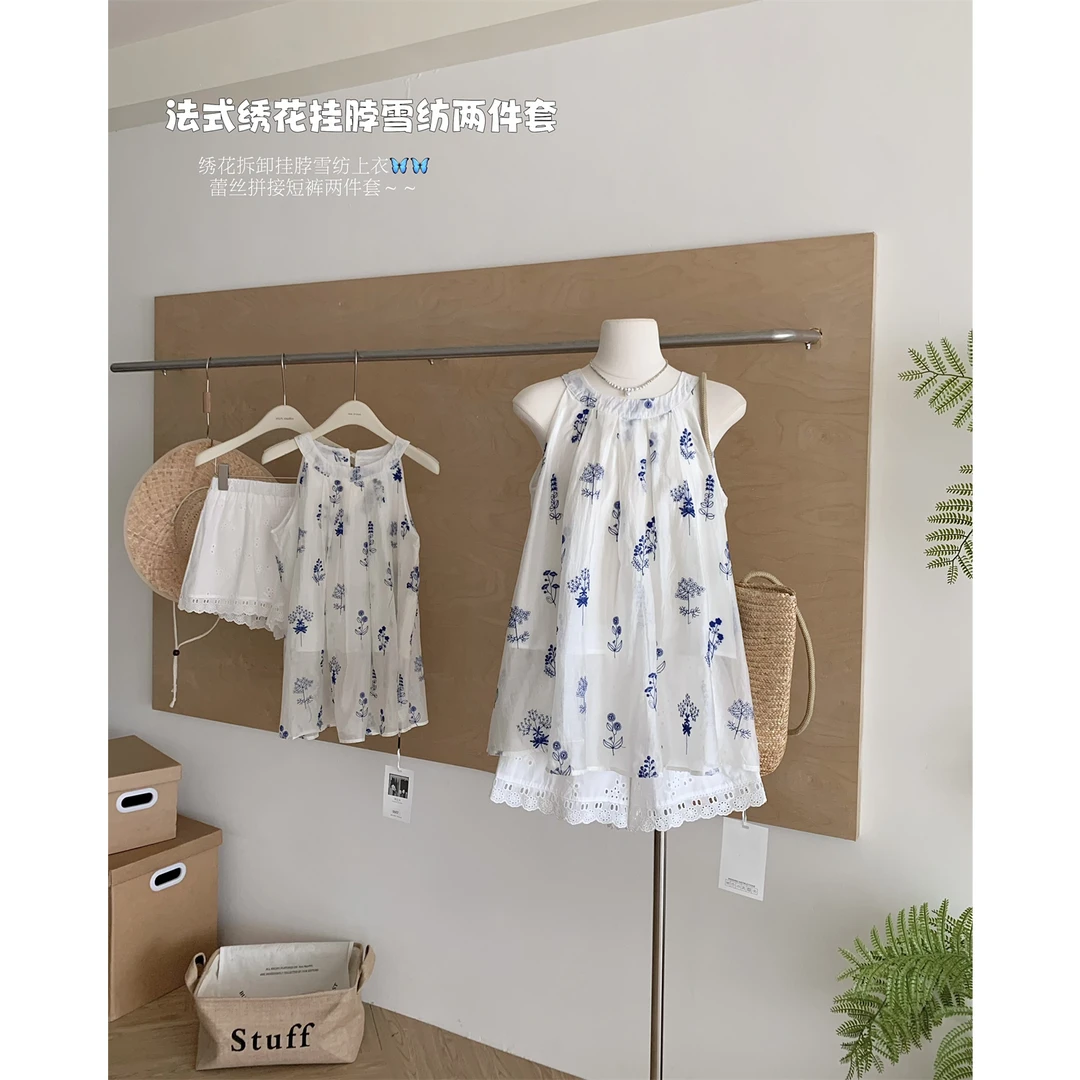 法式氛围感刺绣挂脖度假风短裙夏+花边慵懒风宽松短裤两件套女