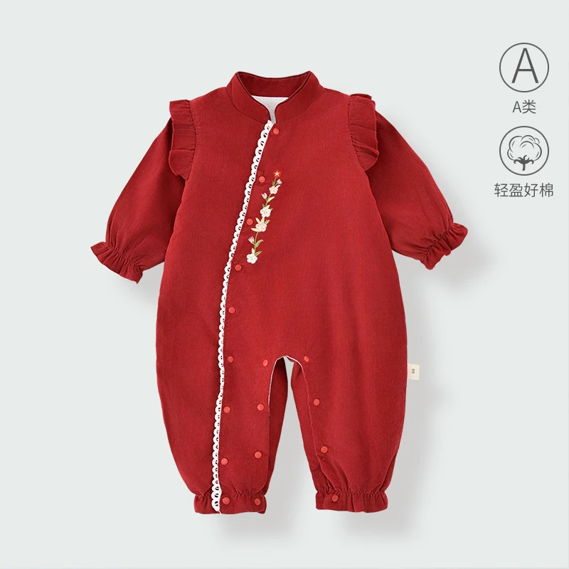 婴儿衣服秋季双层新款中国风旗袍连体衣女宝宝公主抓周宴礼服哈衣