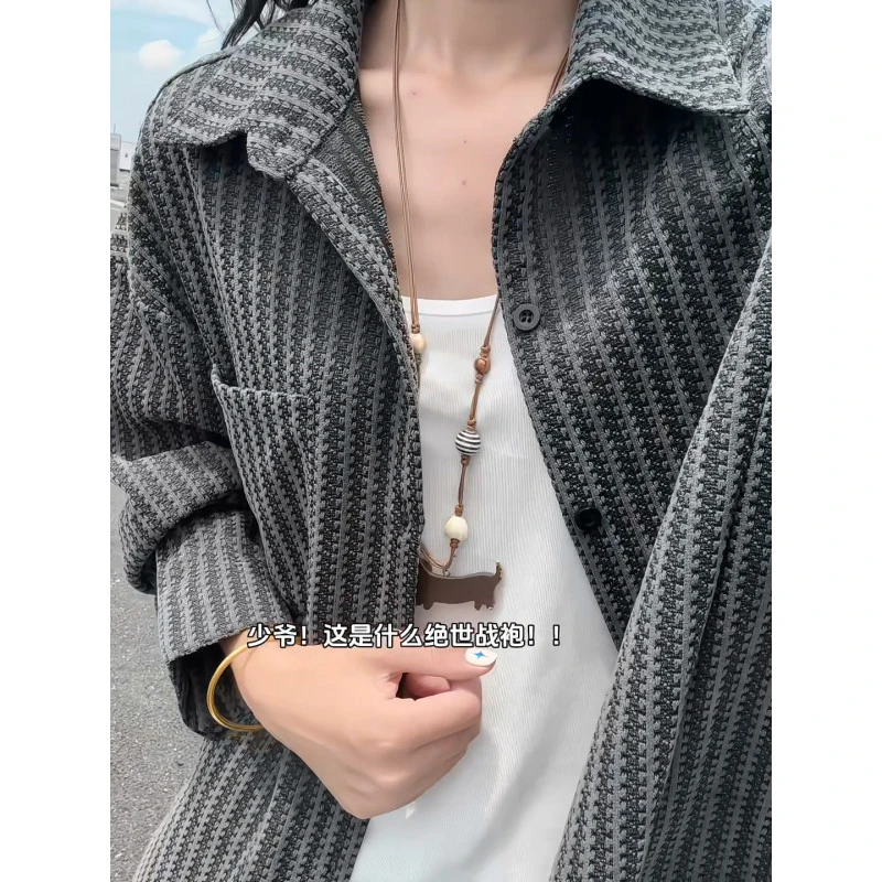 白色千鸟格针织长袖衬衫男秋美式潮牌翻领cleanfit小香风夹克外套