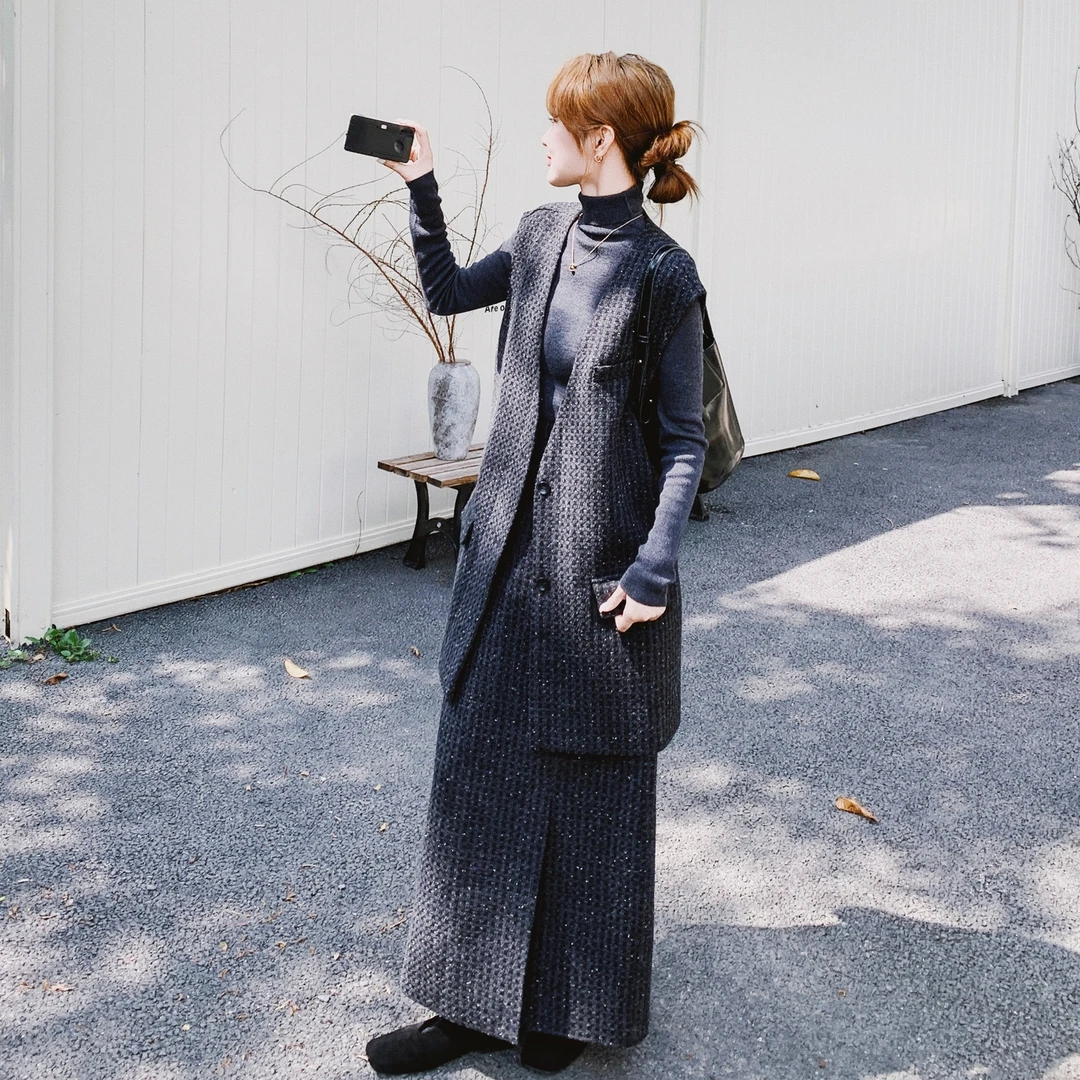 小香风套装裙女2025新款气质高级感中长款羊毛呢马甲半身裙两件套