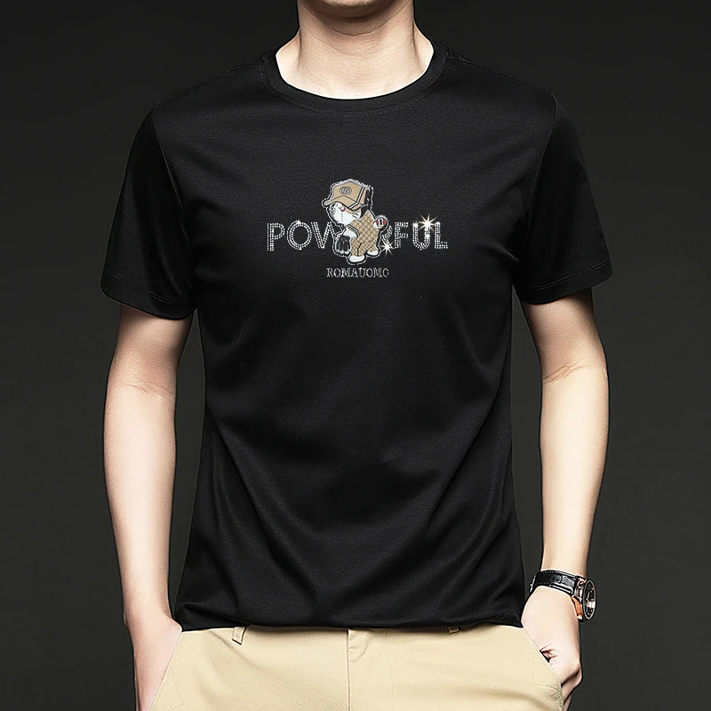 HAMOLENA轻奢男士夏季短袖T恤高端潮牌烫钻时尚个性休闲百搭上衣