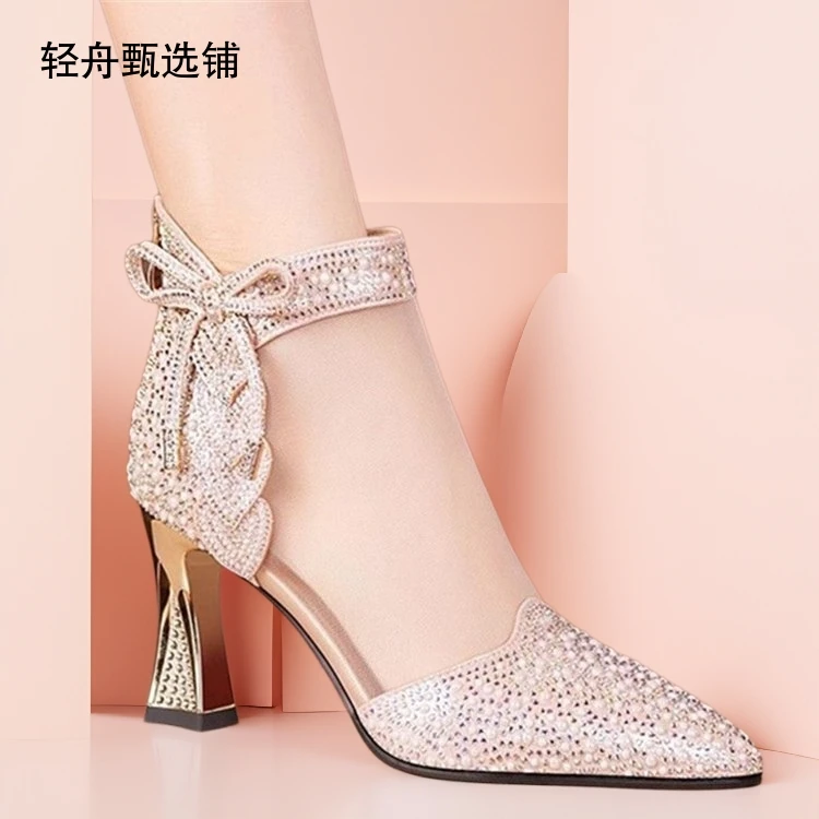 2025夏季新款包头镂空水钻高跟网纱凉靴时尚尖头方根女鞋高跟