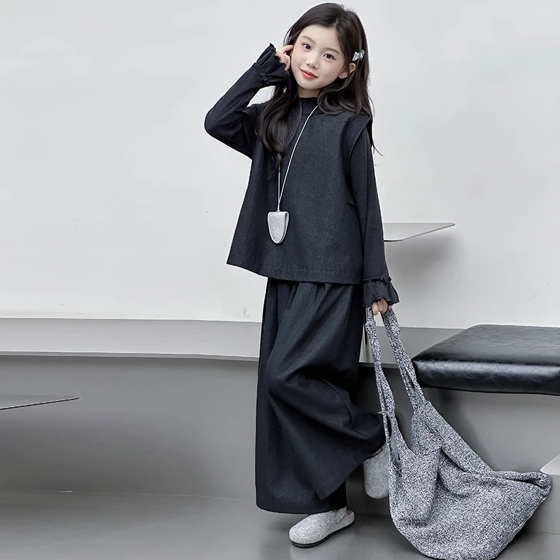 女童秋装马甲牛仔阔腿裤套装2025新款韩系中大童洋气法式三件套潮