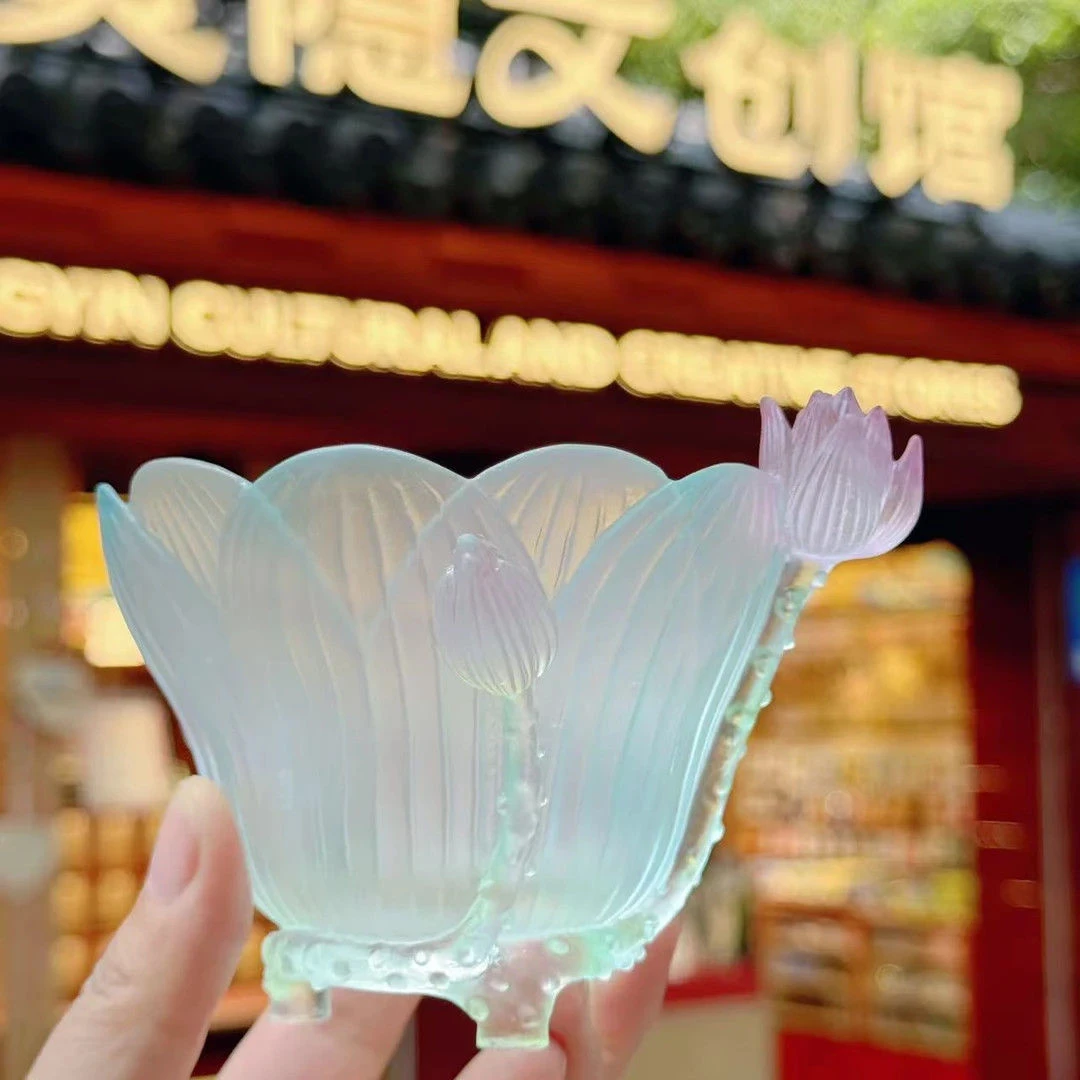 杭州景区文创2025新款莲花小水方琉璃多彩莲花杯桌面创意中式摆件