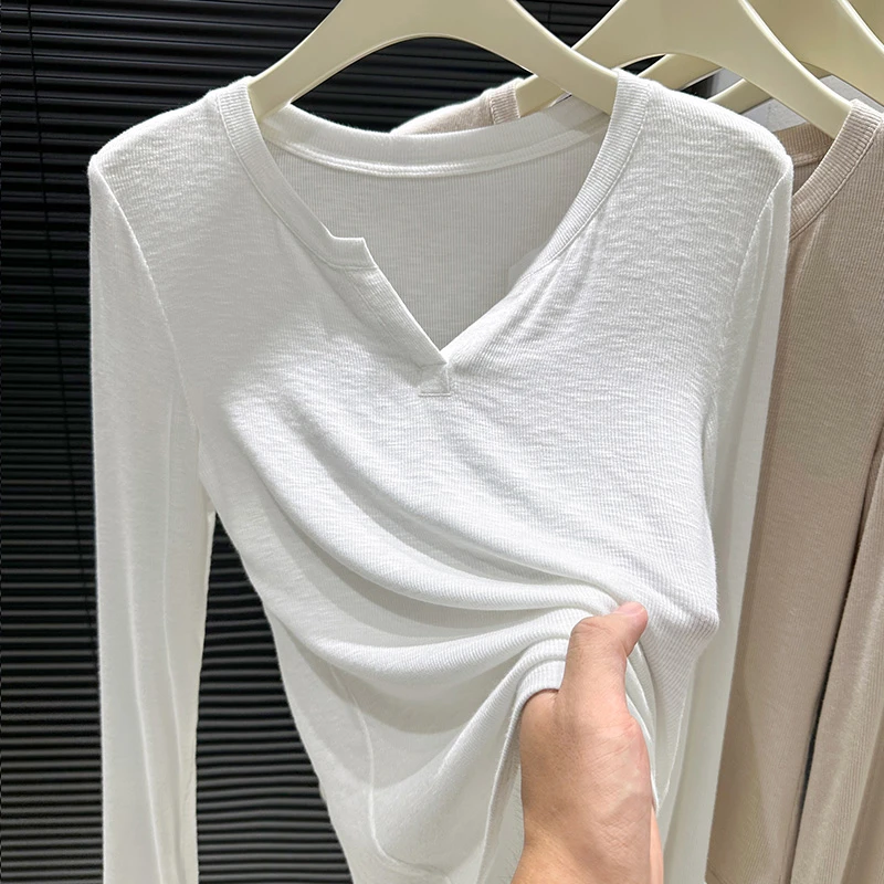 白色V领小众竹节棉长袖上衣女春秋洋气内搭简约时尚打底T恤薄款