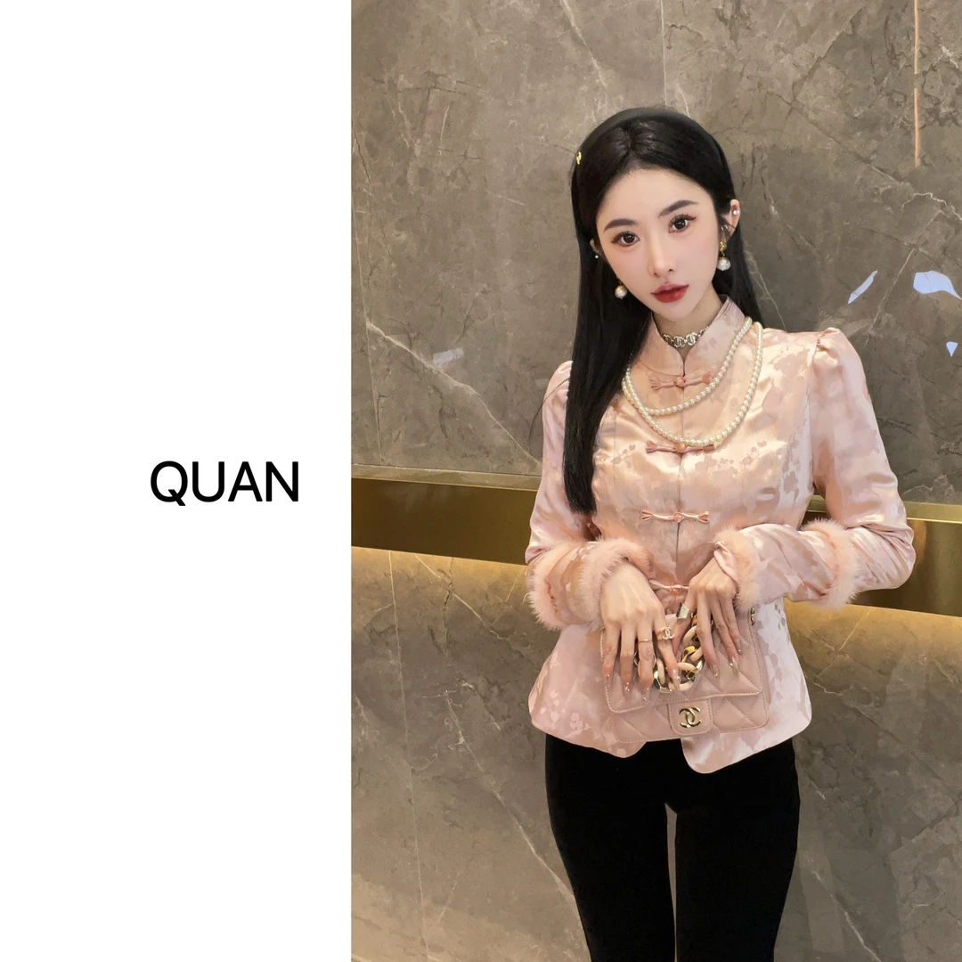 1现货【兰亭序】冬季国风时尚气质提花设计感加绒打底上衣