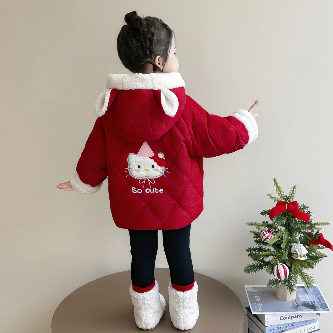 女童秋冬装加绒夹棉厚外套儿童连帽中长款棉衣女宝宝卡通保暖棉服