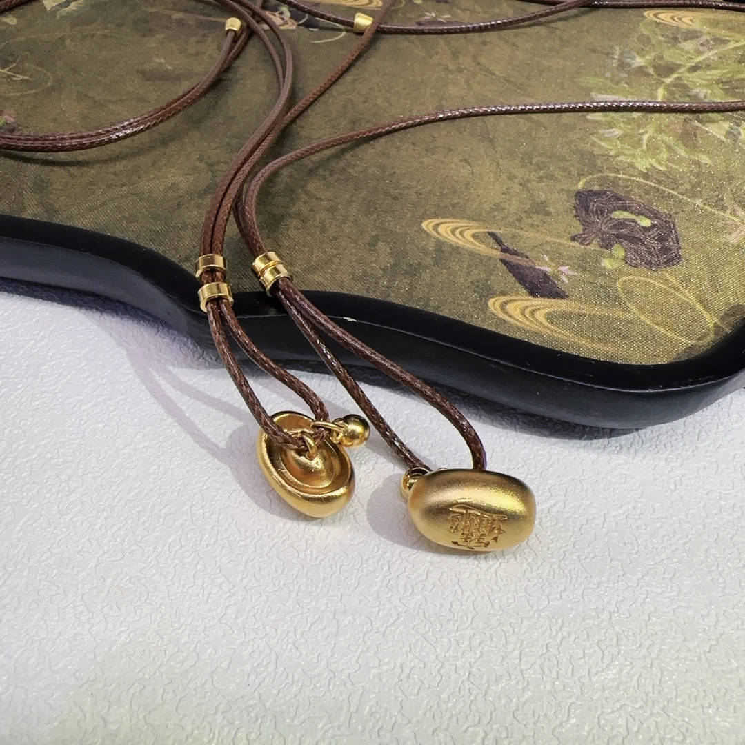 吊坠足银 坠链均足银描金款招米元宝百搭简约金色毛衣链足银