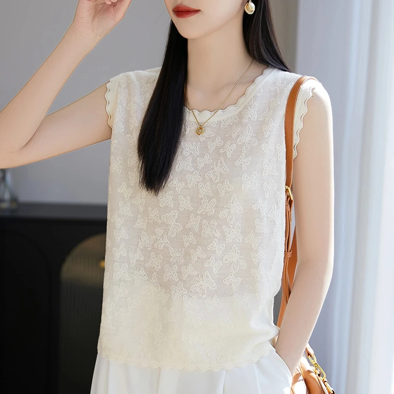 法式气质小香风雕花花边镂空提花打底背心女春夏宽松无袖针织上衣