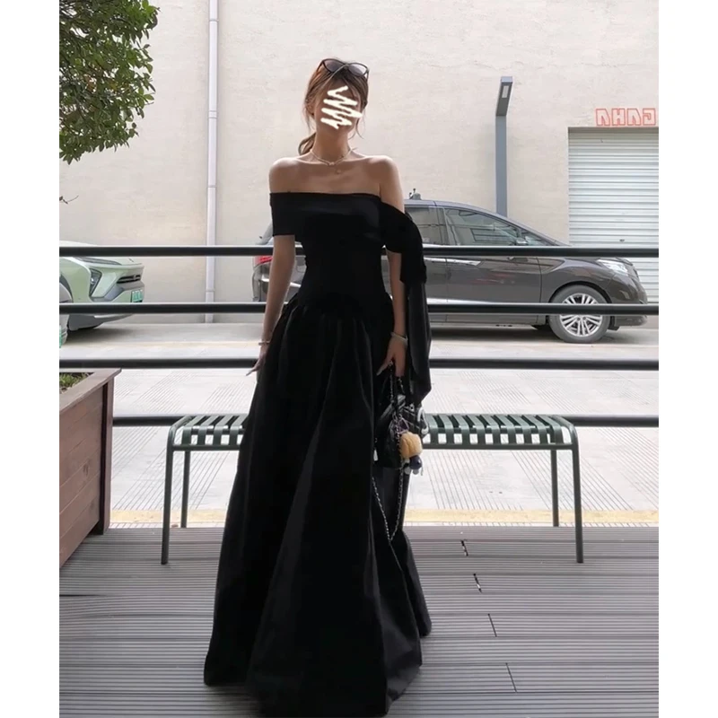 连衣裙2025夏季新款法式高级感一字领飘带收腰显瘦中长款褶皱裙子