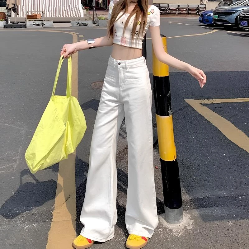 雪千羽白色高腰阔腿牛仔裤女2025夏季宽松显瘦梨形身材直筒拖地裤