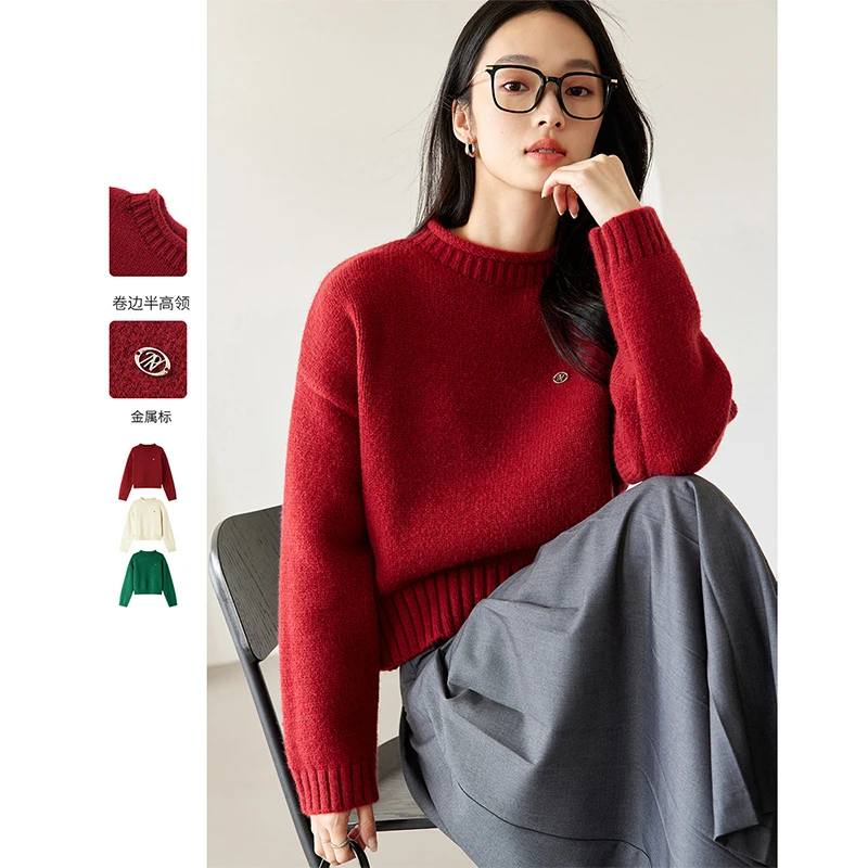 *设计感卷边半高领毛衣女2025新款打底针织衫宽松上衣73376