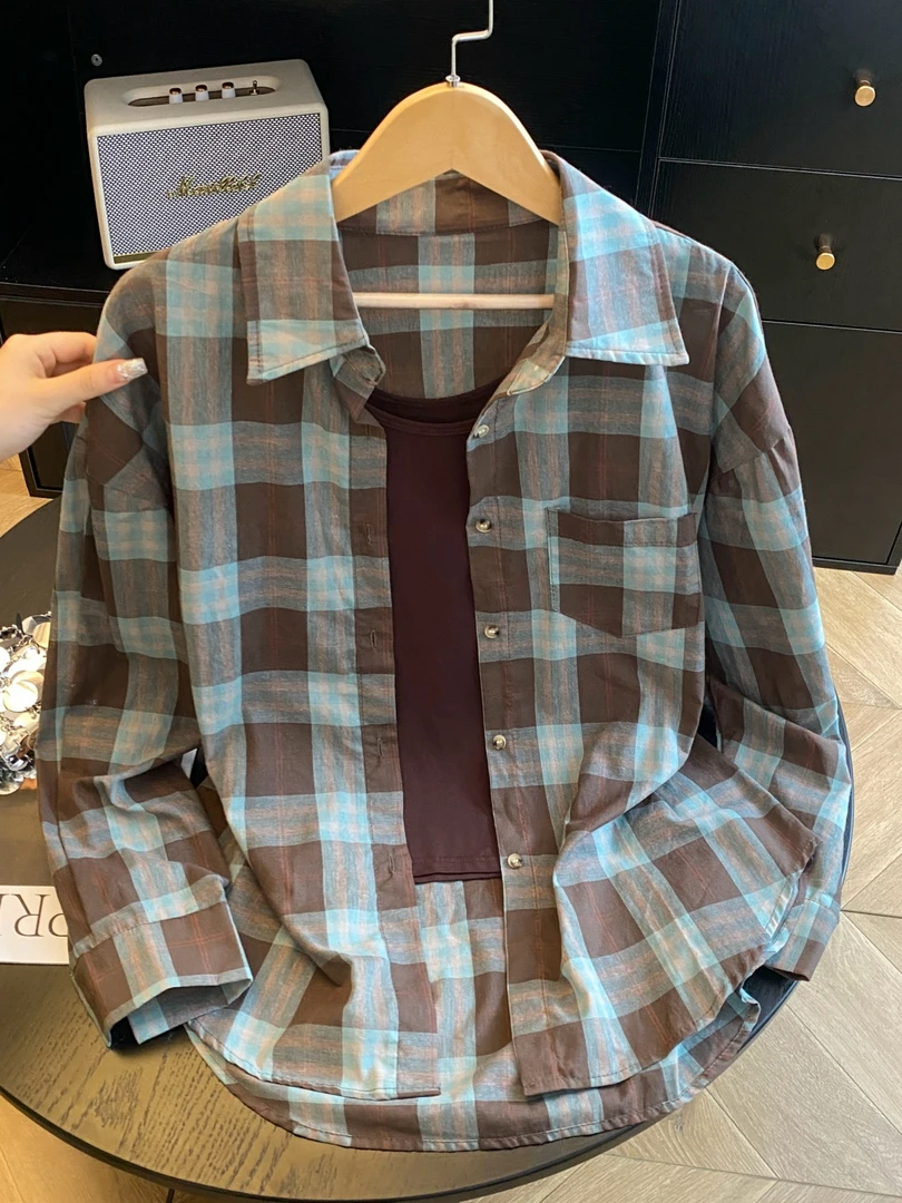 新款复古港风格子衬衫加无袖背心两件套休闲宽松潮流百搭衬衣套装