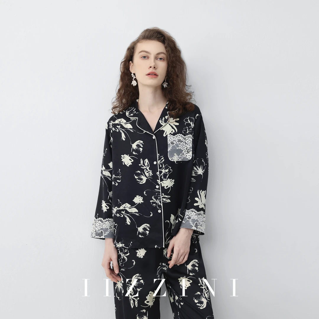 IIZZINI六出花 睡衣女春秋长袖冰丝印花奢华高级感黑色家居服套装