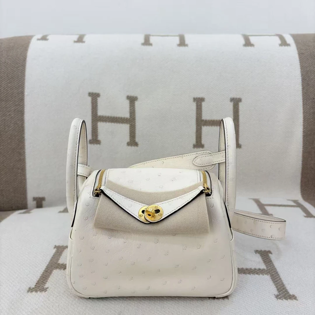 99新 Hermes/爱马仕 mini lindy 20 Z 鸵鸟奶油白手提包md0911a6