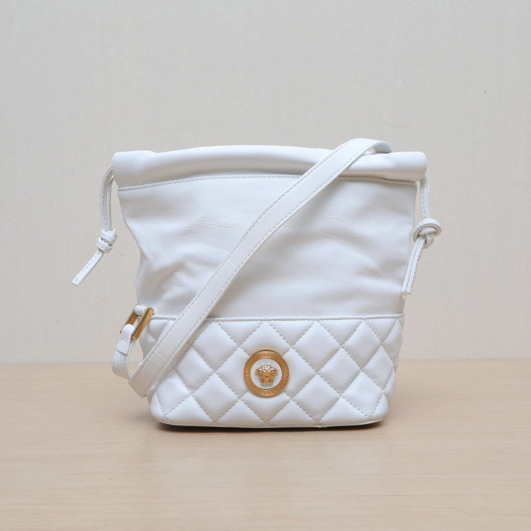 99新 VERSACE/范思哲 小花柳 白色 皮革S mini 水桶包