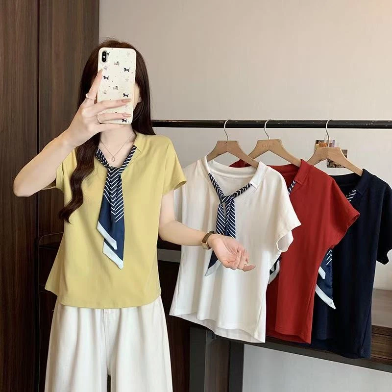 优雅气质领带V领短袖T恤女2025夏季新款大码胖mm时尚百搭显瘦遮肉