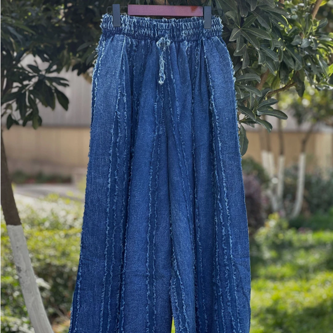 手织棉蓝染小众设计感宽松休闲阔腿裤