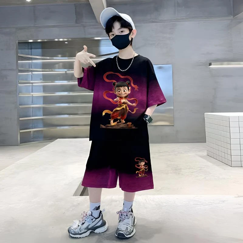 2025新款夏装中大童儿童童装春秋男童青花瓷套装新款哪吒印花渐变