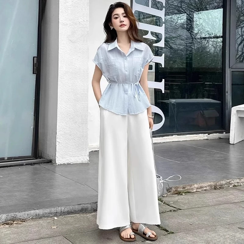 收腰显瘦翻领短袖衬衫阔腿裤两件套女夏季新款时尚洋气质时髦套装