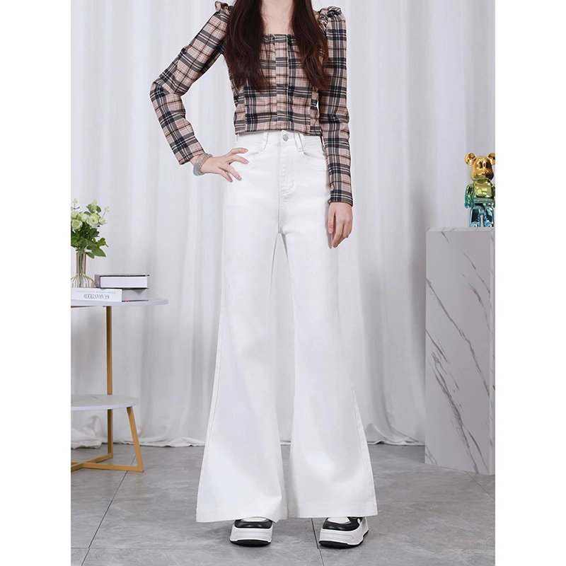 白色美式微喇叭牛仔裤女春秋2025新款高腰弹力宽松显瘦阔腿拖地裤