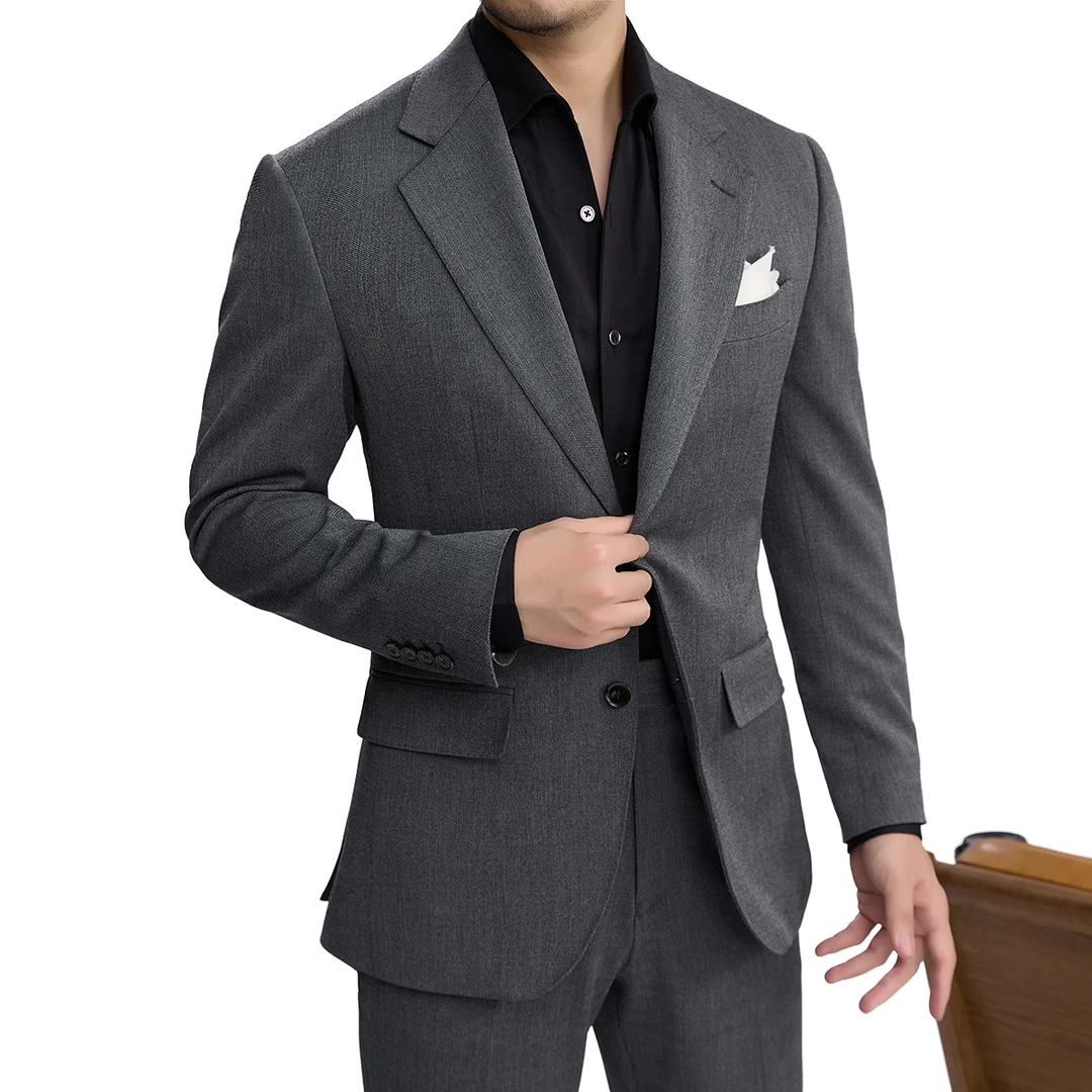 谷巢灰色平驳领职业西服男条纹士正装商务西装休闲时尚修身套装