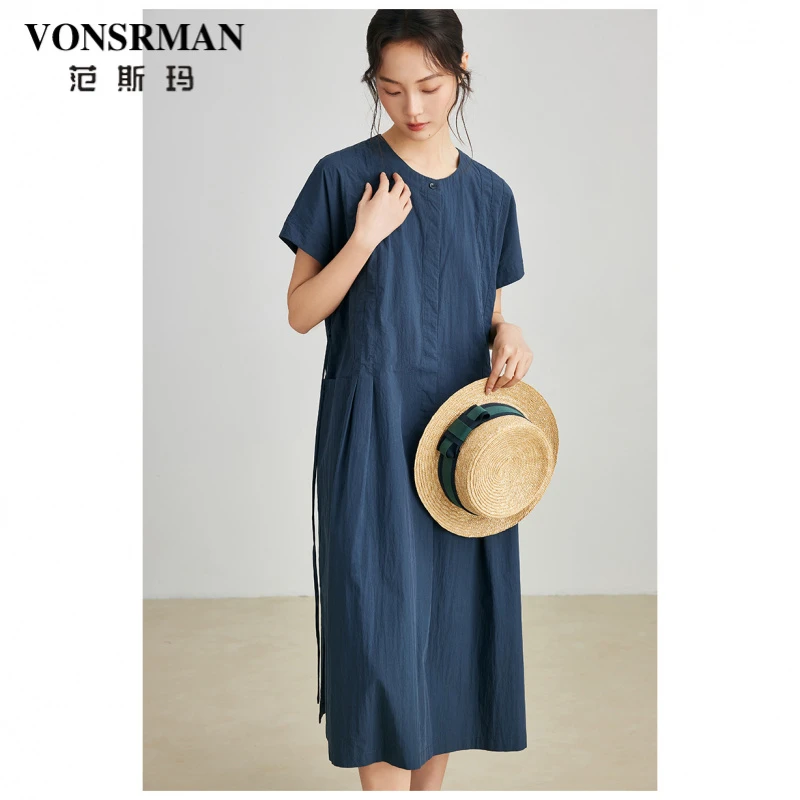 复古设计感连衣裙女2025春夏新款时尚简约收腰系带A字裙休闲气质