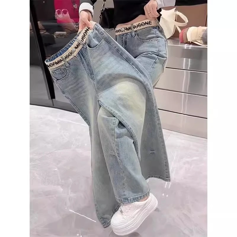 微胖mm窄版直筒牛仔裤女2025新款春季新款大码宽松遮跨高腰阔腿裤